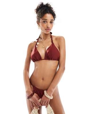 Miss Selfridge Haut de bikini triangle noué à assortir Bordeaux ASOS