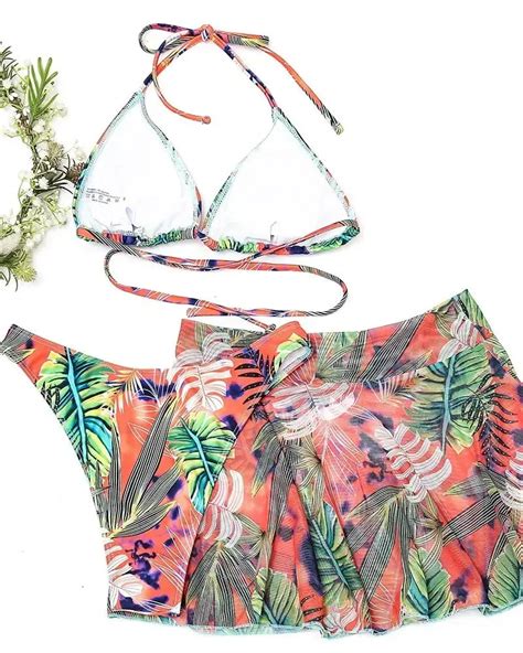 Olivia Mark 3 Piece Tropical Print Halter Bikini Cover Up Bikini Set