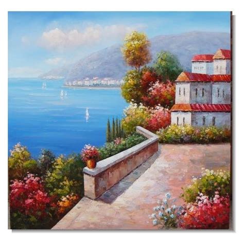 Italian Mediterranean Seashore Houses Impressionist Landscape Oil