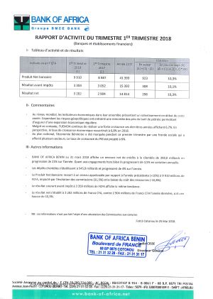 Rapport dactivités du 1er trimestre 2018 BOA BENIN Abidjan net