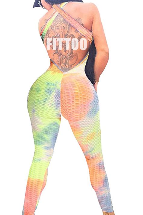 Fittoo Women Ruched Butt Lift Texture Bodysuit Yoga Fitness Backless