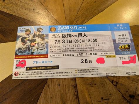 中止保障 通路側 甲子園球場 7月31日 阪神タイガースvs巨人 ブリーズシート 28段 ペア 2枚連番 Fah阪神 対 巨人｜売買された