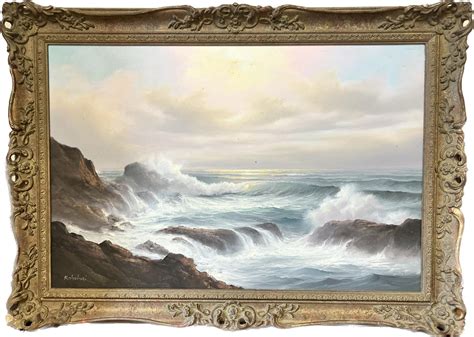 European Artist Crashing Waves Rocky Coast Large Traditional Signed