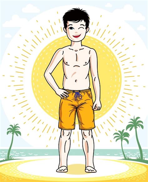 Menino Adolescente Bonito Em P Em Shorts De Praia Coloridos E