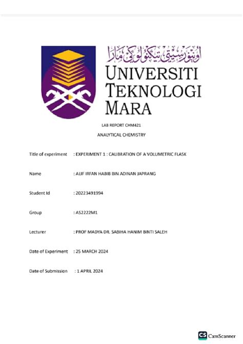 CHM421 EXP1 LAB REPORT EXP 1 Analytical Chemistry Studocu