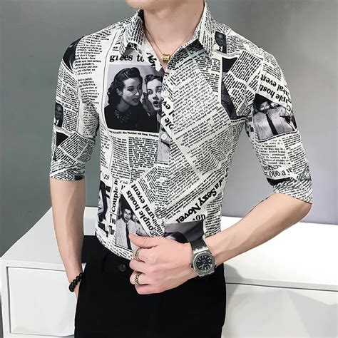 Camisa con estampado de periódico para hombre ropa de calle masculina