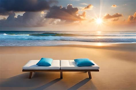 Premium Photo | A beach chair with a sunset in the background