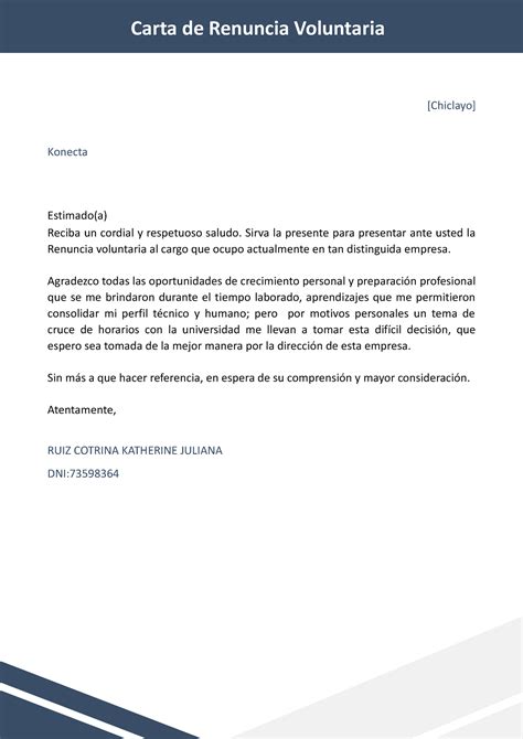 46 Modelo De Carta De Renuncia Voluntaria Chiclayo Konecta Estimado