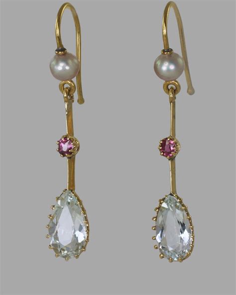 Antique Dangle Earrings 18ct Gold Aquamarine Ruby Pearl Edwardian Drop