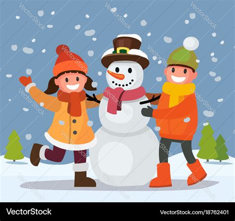 Children build snowman Royalty Free Vector Image