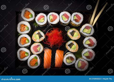 Japanese Sushi Foods Maki And Rolls With Tuna Salmon Shrimp Top