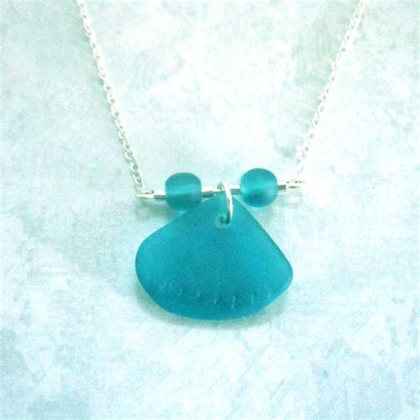 Teal Sea Glass Necklace 925 Sterling Silver Chain Dark Teal Blue Sea