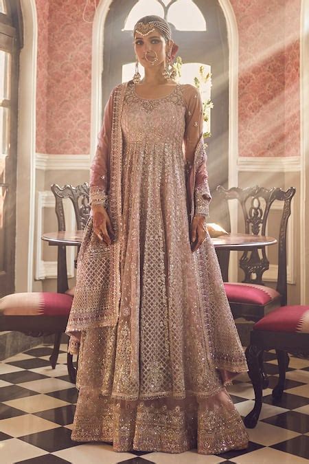 Buy Pink Net Embroidery Zari Round Neck Trellis And Floral Anarakali