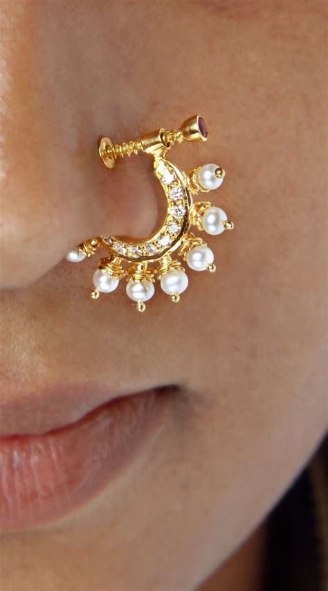 235 GNP003 22K Gold Nath Nose Ring With Cz Ruby Pearls In 2024