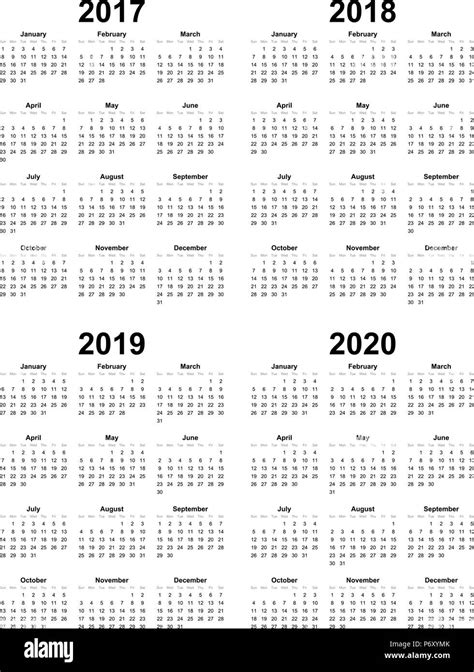 Simple Calendar Template Vector 2017 2018 2019 2020 Stock Vector Image