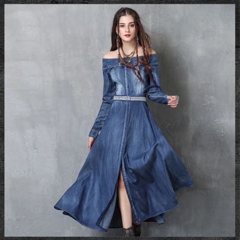 2017 S L Women Denim Dress Womens Clothing Denim Jeans Dress Off Shoulder Front Slit Maxi