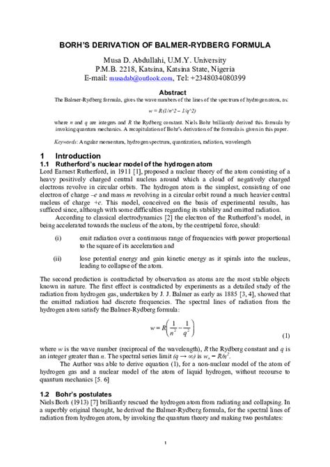 (PDF) Borh's Derivation of Balmer-Rydberg Formula