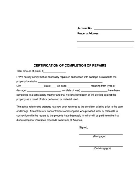 Certificate Of Completion Of Repairs Fill And Sign Printable Template