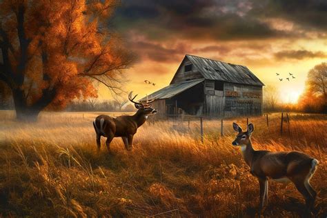 Majestic Whitetail Buck In A Field With Doe Deer Autumn Painting