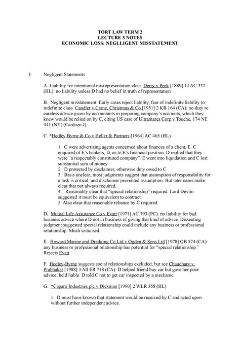 Lecture 5 20 21 Negligent Misstatement Tort Law Term 2 Lecture 5