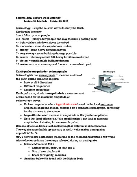 Intro To Geology Lecture Notes Day Seismology Ear Ths Deep Inter