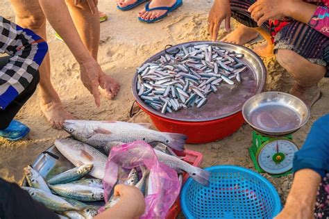 Premium Photo Top View Of Fisherman Selling Fish On The Beach After