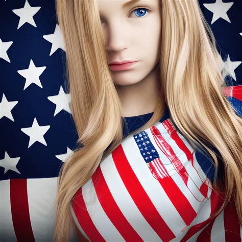 Jeune fille blonde portant un drapeau américain regardant la télévision hyper réaliste