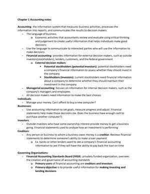 Accounting I Notes Chapter 1 Accounting And The Business Environment