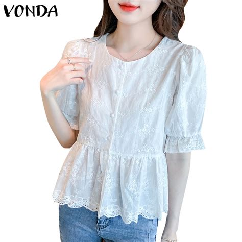 VONDA Women Korean Casual Round Neck Puff Sleeves Solid Color H Line