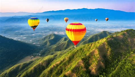 Colorful Hot Air Balloons Flying Over Mountain Nature Background Hot