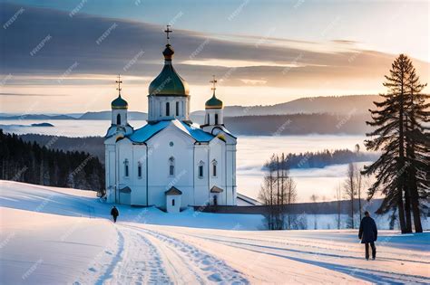 Premium AI Image | a church in a snowy landscape with a man walking in the snow.