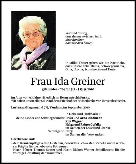 Todesanzeigen Von Ida Greiner Todesanzeigen Vorarlberger Nachrichten