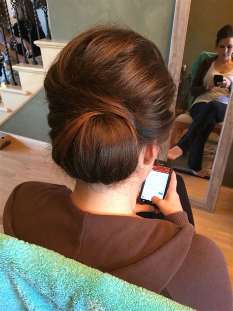 Sleek Yet Messy Bun New Age French Twist Brunette Bridal Long Hair Updo Long Hair Styles