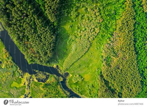 Aerial View Of Summer River Landscape In Sunny Summer Day Top View Of