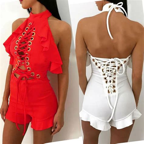 Women New Fashion Jumpsuit Halter Neck Lace Up Ruffles Backless Sexy Playsuit Shorts Romper