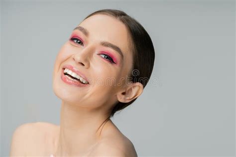 Cheerful Woman With Naked Shoulders And Stock Image Image Of Smiling Beauty