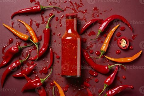 Ai Generated Tabasco Hot Pepper Sauce With Red Chili Pepper Flat Lay Generative Ai