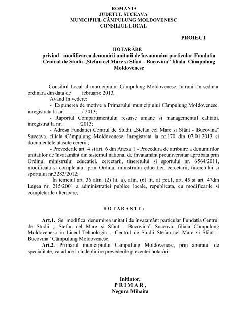 Proiect De Hot R Re Privind Modificarea Denumirii Unit Ii De