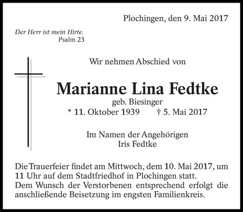 Traueranzeigen Von Marianne Lina Fedtke Zeit Des Gedenkens De