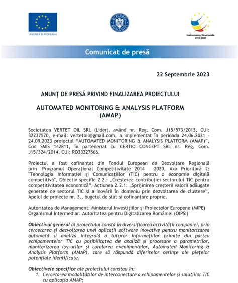 ANUNȚ DE PRESĂ PRIVIND FINALIZAREA PROIECTULUI AUTOMATED MONITORING