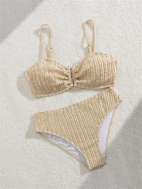 Teen Girls Apricot Textured U Neck Bikini Set Summer Beach Bathing Set For Sale Australia New