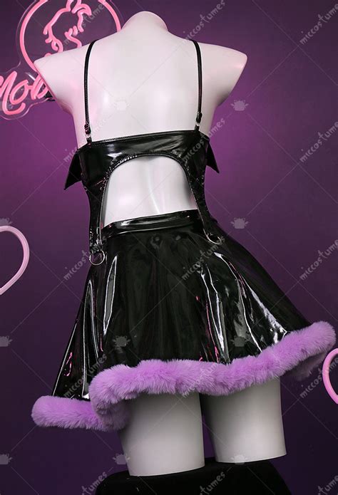 Halloween Gothic Sexy Lingerie Set Bat Wings Cutout Halter Bodysuit And Furry Skirt And Gloves