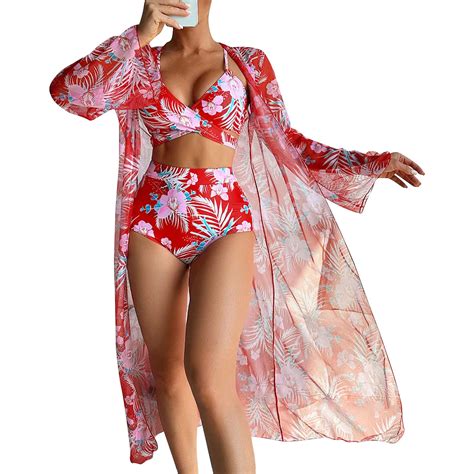 Sexy High Waisted Bikini Three Pieces Floral Printed Swimsuit Women Bikini Set With Mesh Long