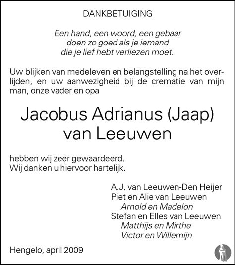 Jacobus Adrianus Jaap Van Leeuwen Overlijdensbericht En