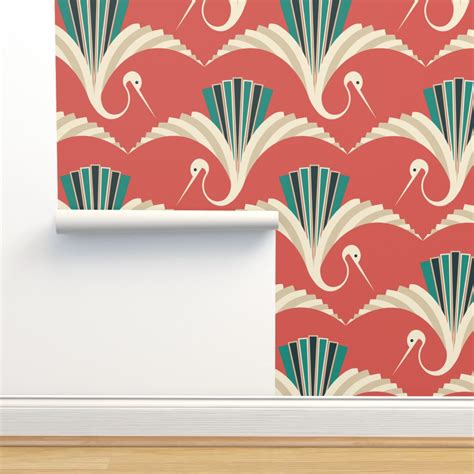 Large Scale Art Deco Crane Red Wallpaper Spoonflower