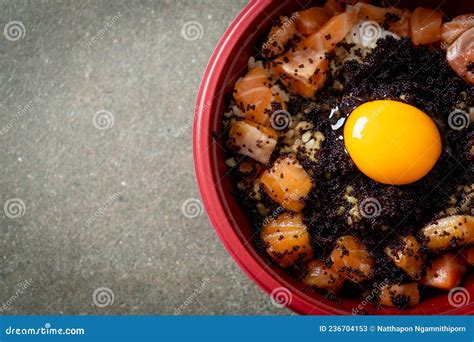 Japanese Rice With Fresh Salmon Raw Tobiko And Egg Salmon Don Stock