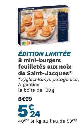 Promo 8 Mini burgers Feuilletés Aux Noix De Saint jacques chez Picard