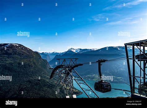 Loen Skylift aerial tramway cabin station at the top of Mount Hoven ...