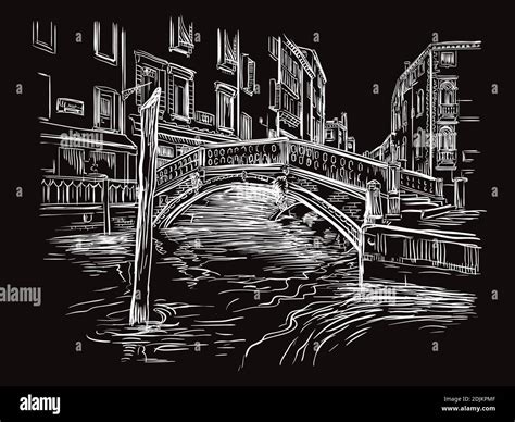 Vector hand drawing illustration of bridge on canal in Venice. Venice ...