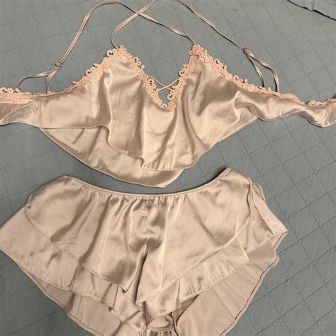XS Silky Ruffle Pajama Lingerie Set Lace Trim Crop Depop